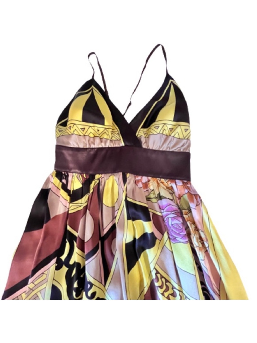 Silky V-Neck Flowy Yellow & Brown Pattern Spaghetti Strap Dress. 💕HOST PICK💕 - Picture 5 of 8